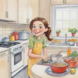 A colorful cartoon sketch of a lively girl engrossed in cooking dinner in a well-equipped kitchen