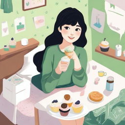 An artistic representation of a girl in university with cropped black hair, freckles, and green eyes, eating cupcakes in her bedroom