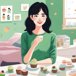 An artistic representation of a girl in university with cropped black hair, freckles, and green eyes, eating cupcakes in her bedroom