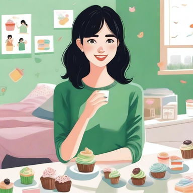 An artistic representation of a girl in university with cropped black hair, freckles, and green eyes, eating cupcakes in her bedroom