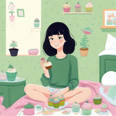 An artistic representation of a girl in university with cropped black hair, freckles, and green eyes, eating cupcakes in her bedroom