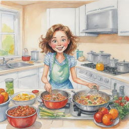 A colorful cartoon sketch of a lively girl engrossed in cooking dinner in a well-equipped kitchen