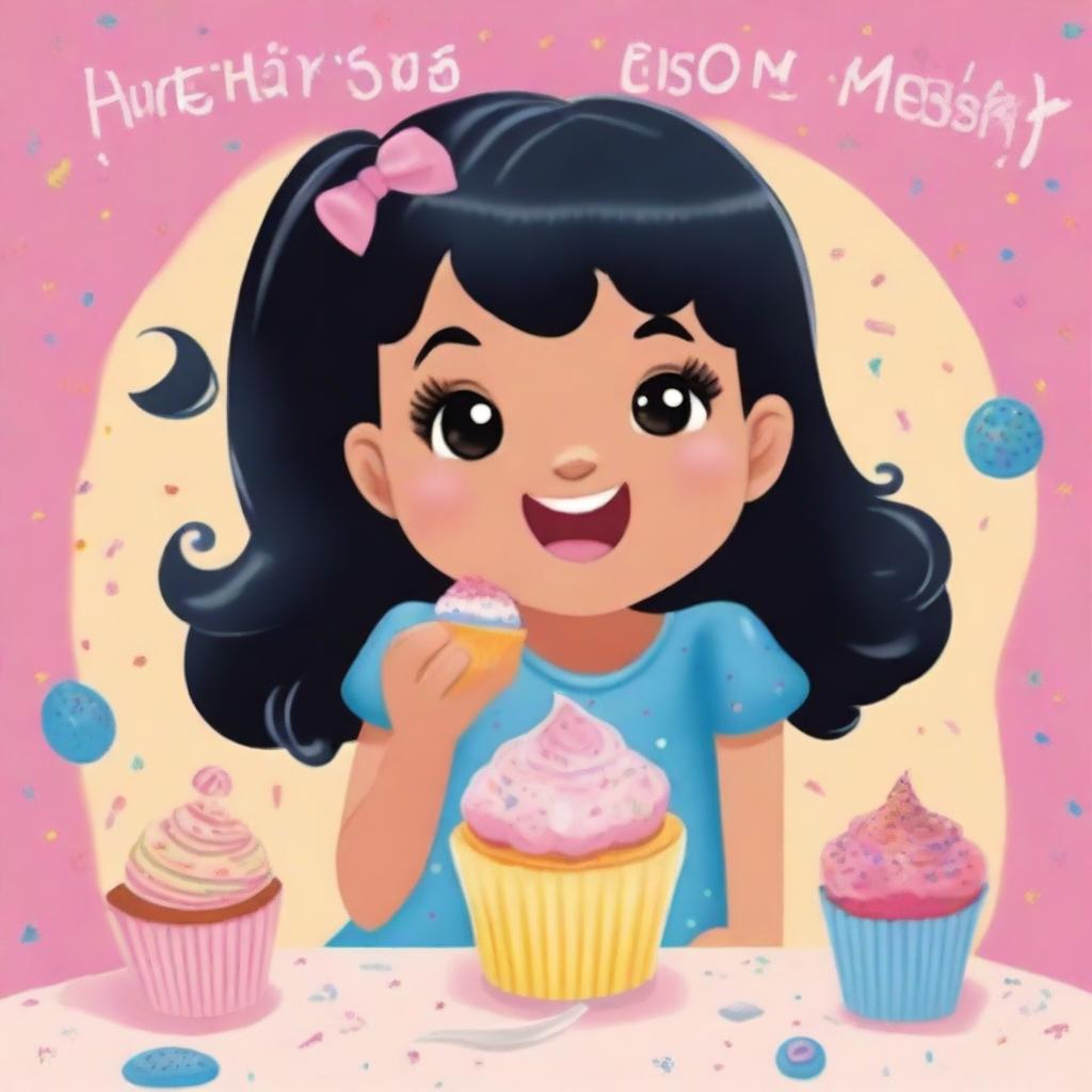 A book cover featuring a young girl with black hair, happily eating a cupcake