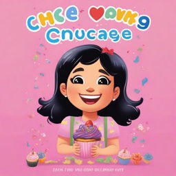 A book cover featuring a young girl with black hair, happily eating a cupcake