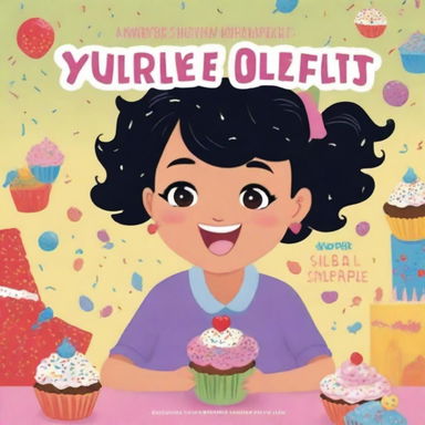 A book cover featuring a young girl with black hair, happily eating a cupcake