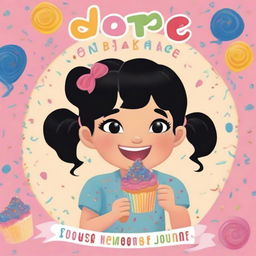 A book cover featuring a young girl with black hair, happily eating a cupcake