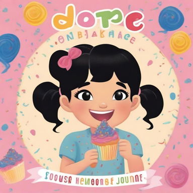 A book cover featuring a young girl with black hair, happily eating a cupcake