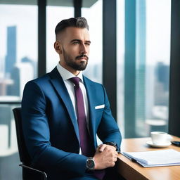 A stylish and attractive businessman in a well-tailored suit, working in his modern office