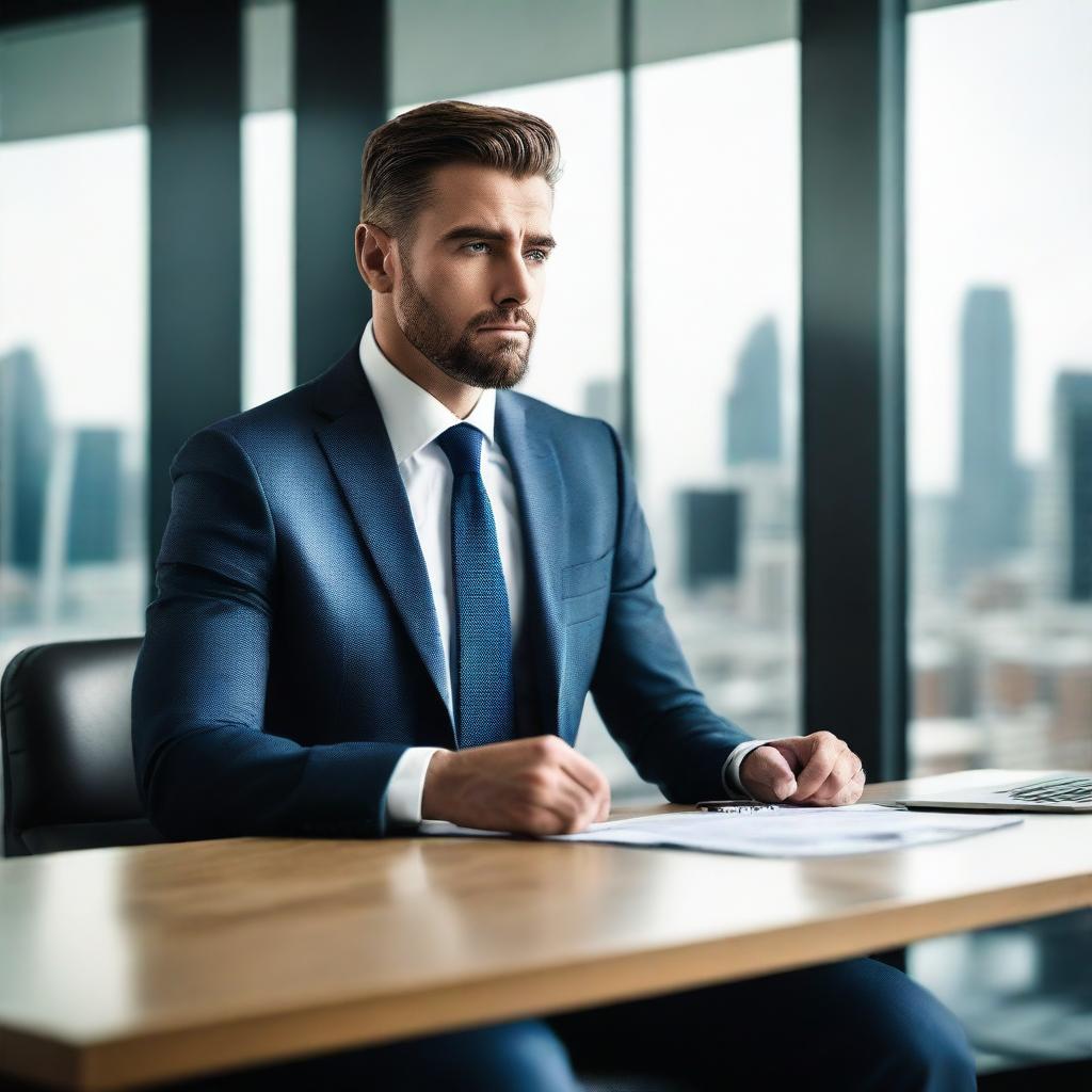 A stylish and attractive businessman in a well-tailored suit, working in his modern office