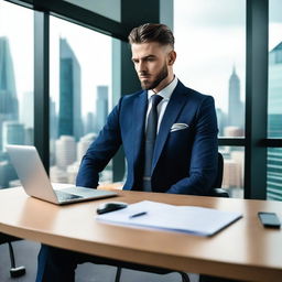 A stylish and attractive businessman in a well-tailored suit, working in his modern office