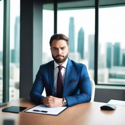 A stylish and attractive businessman in a well-tailored suit, working in his modern office