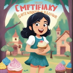 An adventure book cover featuring a young girl with black hair, eating a cupcake