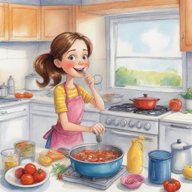 A colorful cartoon sketch of a lively girl engrossed in cooking dinner in a well-equipped kitchen