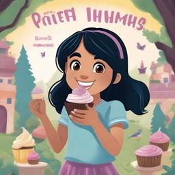 An adventure book cover featuring a young girl with black hair, eating a cupcake