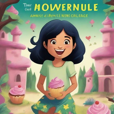 An adventure book cover featuring a young girl with black hair, eating a cupcake