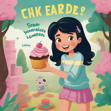 An adventure book cover featuring a young girl with black hair, eating a cupcake