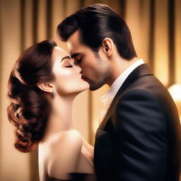 A handsome man in a suit passionately kissing a woman