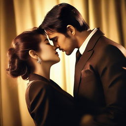 A handsome man in a suit passionately kissing a woman