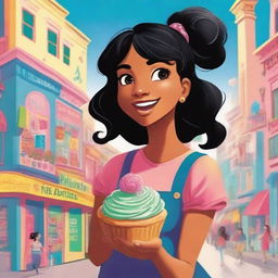 A teens adventure book cover featuring a teenage girl with black hair, eating a cupcake