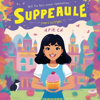 A young adult adventure book cover featuring a girl with black hair, eating a cupcake