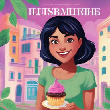 A young adult adventure book cover featuring a girl with black hair, eating a cupcake