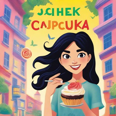 A young adult adventure book cover featuring a girl with black hair, eating a cupcake