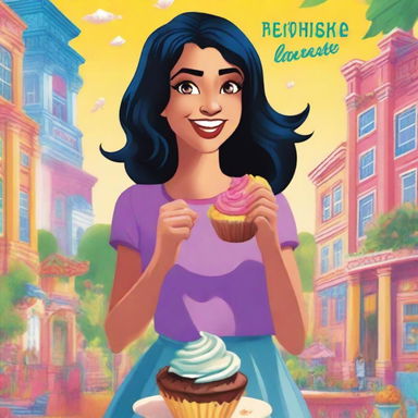 A young adult adventure book cover featuring a girl with black hair, eating a cupcake