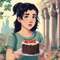 A young adult adventure book cover featuring a teenage girl with black hair, eating a slice of cake while crying