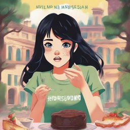 A young adult adventure book cover featuring a teenage girl with black hair, eating a slice of cake while crying