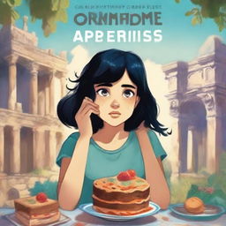 A young adult adventure book cover featuring a teenage girl with black hair, eating a slice of cake while crying