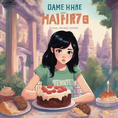 A young adult adventure book cover featuring a teenage girl with black hair, eating a slice of cake while crying