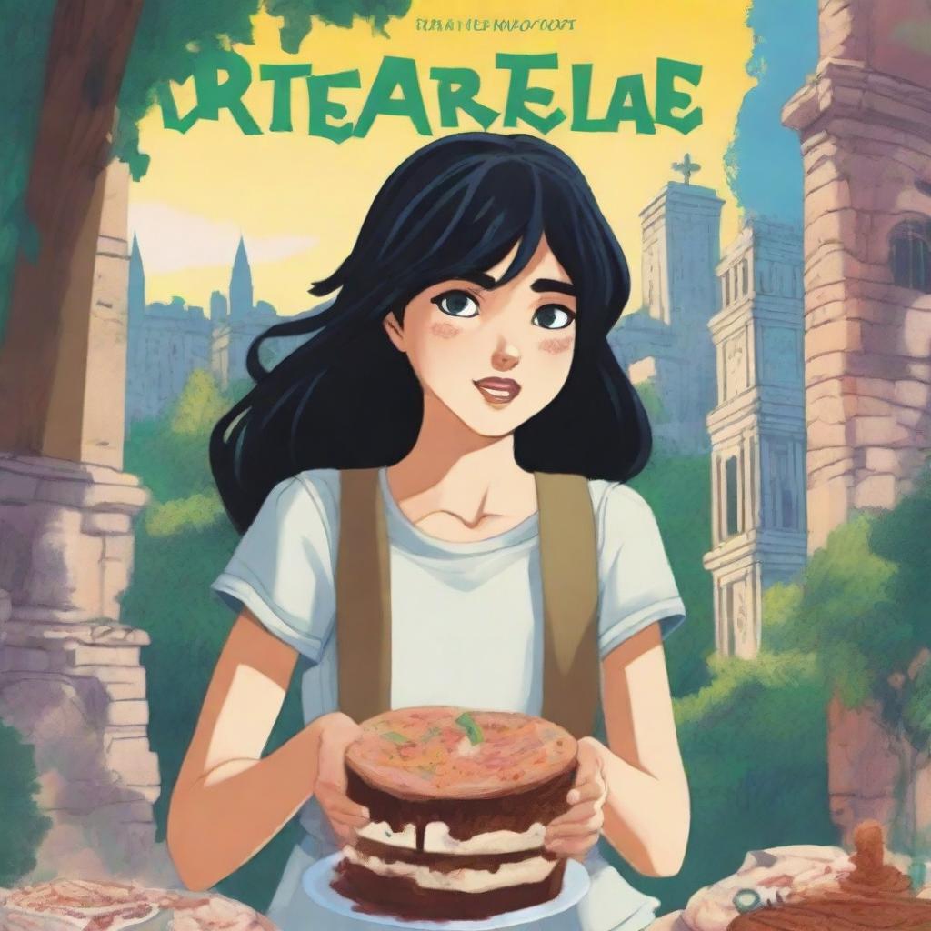 A young adult adventure book cover featuring a teenage girl with black hair, eating a slice of cake while crying