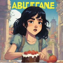 A young adult adventure book cover featuring a teenage girl with black hair, eating a slice of cake while crying