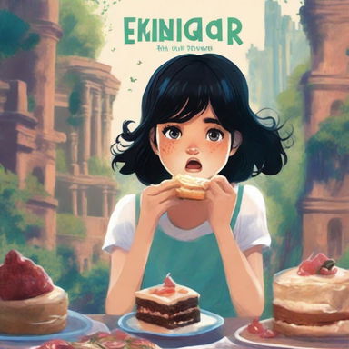 A young adult adventure book cover featuring a teenage girl with black hair, eating a slice of cake while crying