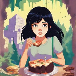 A young adult adventure book cover featuring a teenage girl with black hair, eating a slice of cake while crying