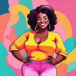 A detailed illustration of a curvy black girl with a confident and stylish appearance