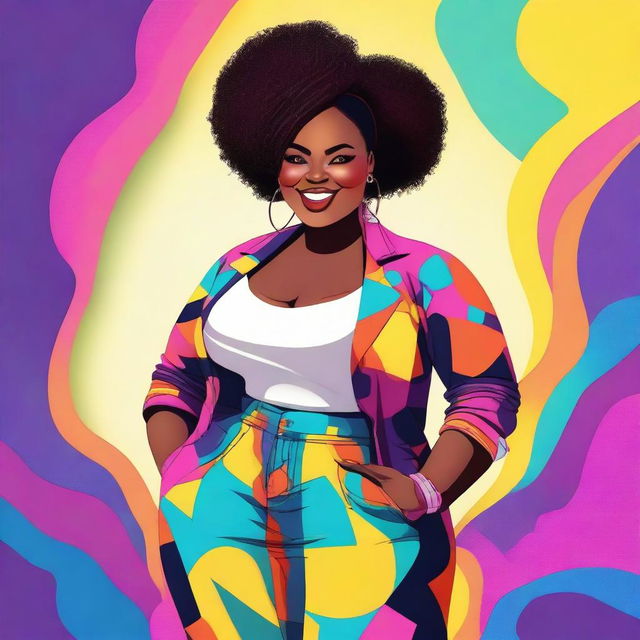 A detailed illustration of a curvy black girl with a confident and stylish appearance