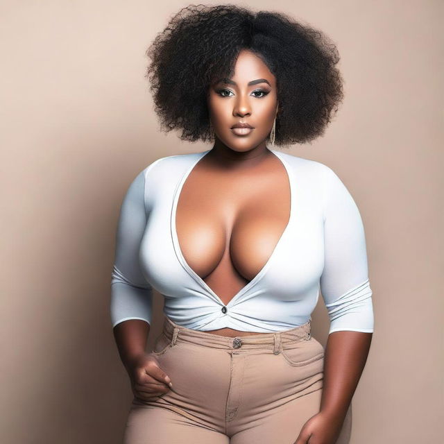 A beautiful, confident black woman with a curvy figure and shaved hair, posing in a stylish and sexy manner