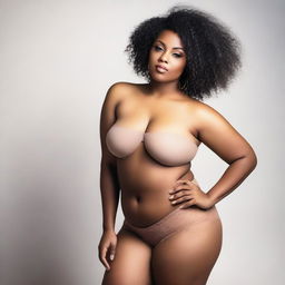 A beautiful, confident black woman with a curvy figure and shaved hair, posing in a stylish and sexy manner