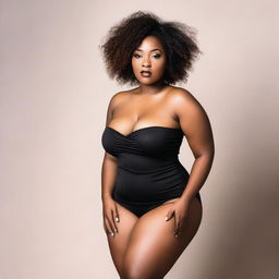 A beautiful, confident black woman with a curvy figure and shaved hair, posing in a stylish and sexy manner