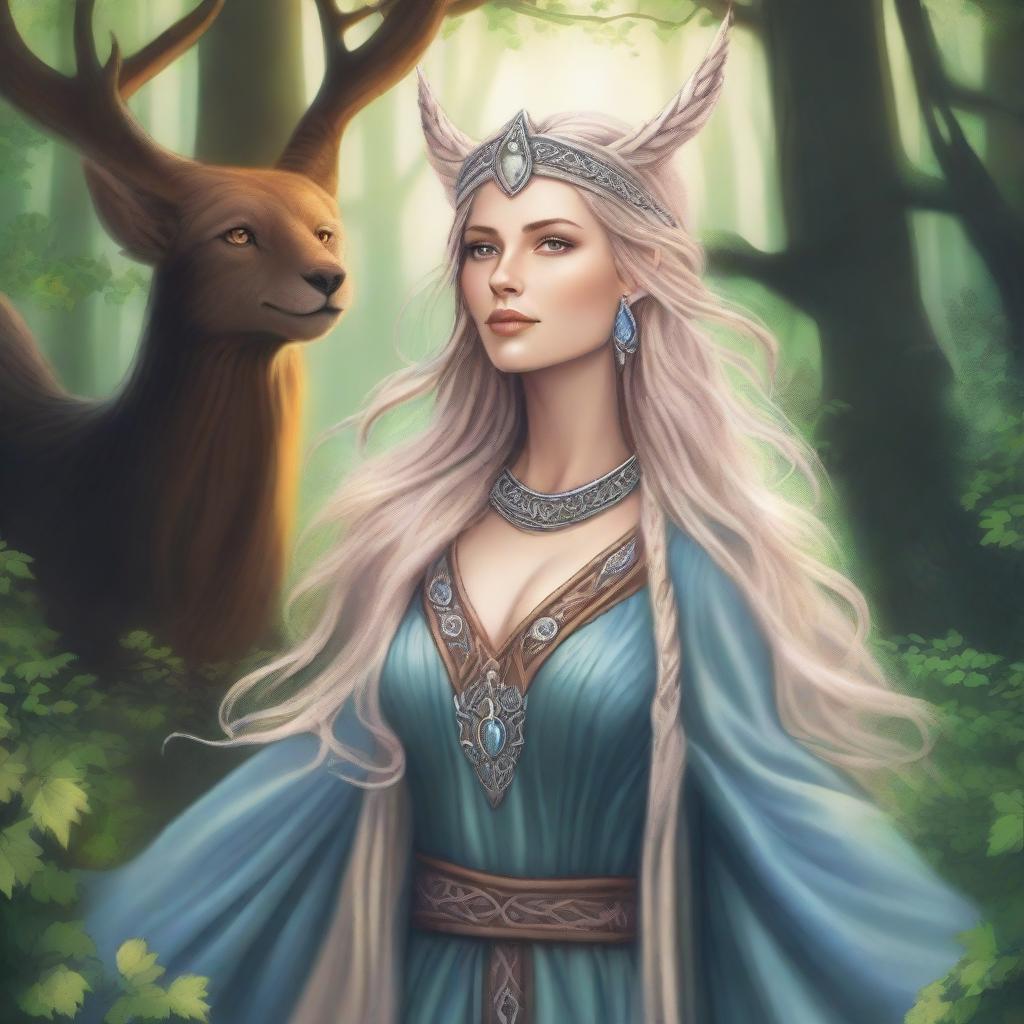 A detailed and vibrant illustration of Freya, the Norse goddess of love, beauty, and fertility