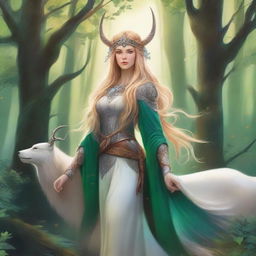 A detailed and vibrant illustration of Freya, the Norse goddess of love, beauty, and fertility