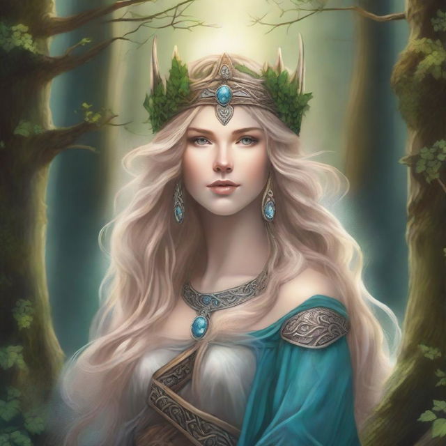 A detailed and vibrant illustration of Freya, the Norse goddess of love, beauty, and fertility