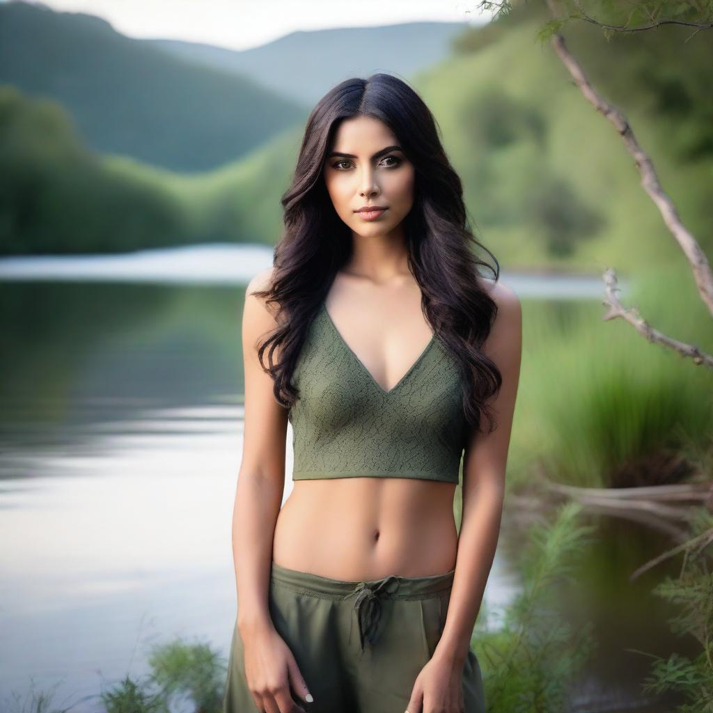 A beautiful woman named Morena with dark hair and expressive eyes, standing in a serene natural landscape with lush greenery and a calm river flowing in the background