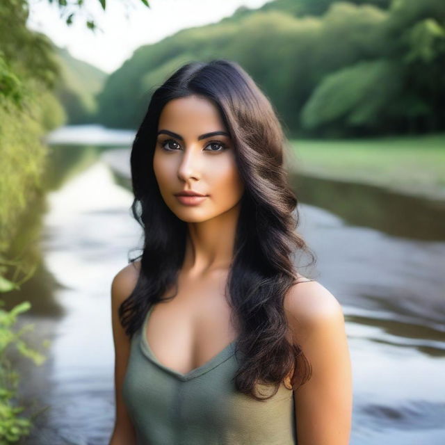 A beautiful woman named Morena with dark hair and expressive eyes, standing in a serene natural landscape with lush greenery and a calm river flowing in the background