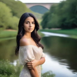 A beautiful woman named Morena with dark hair and expressive eyes, standing in a serene natural landscape with lush greenery and a calm river flowing in the background