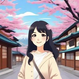 A cute girl with black hair in Japan, smiling warmly