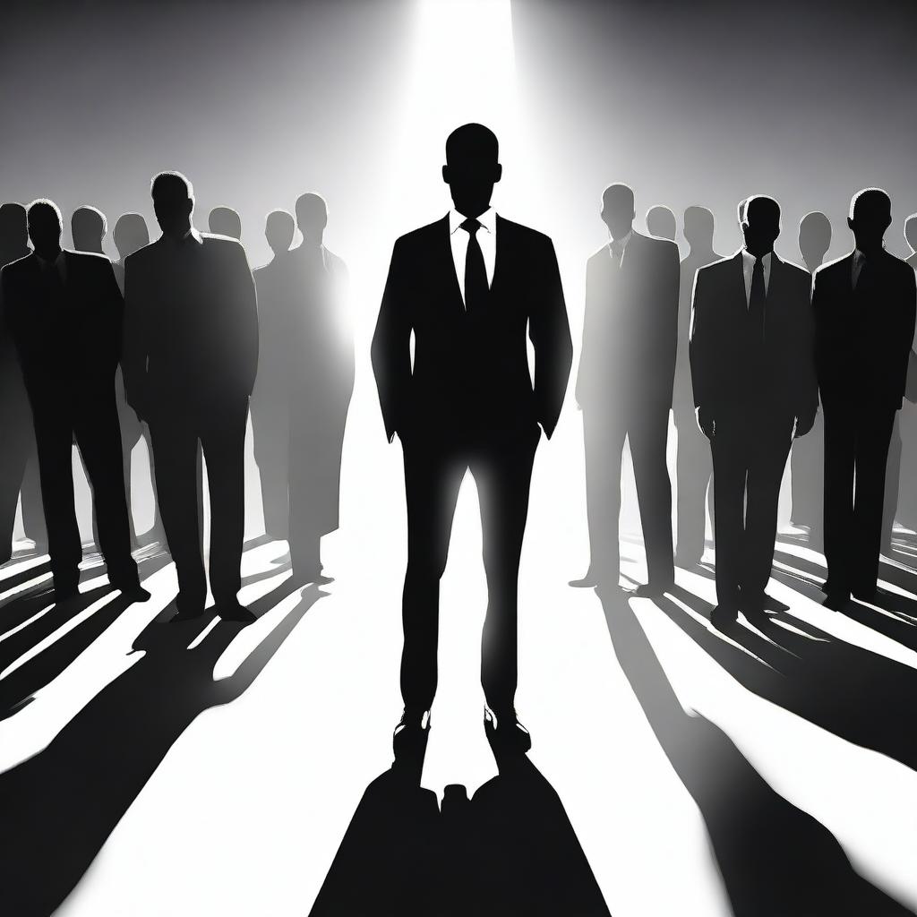 Draw an illuminated businessman radiating light, with a background of shadowy figures