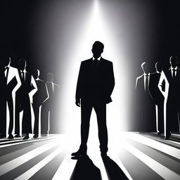 Draw an illuminated businessman radiating light, with a background of shadowy figures