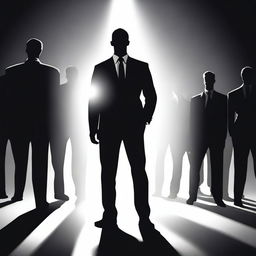 Draw an illuminated businessman radiating light, with a background of shadowy figures